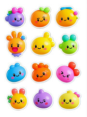 Fototapeta premium Cute glossy 3D emoji sticker pack, different facial expressions, kawaii style, isolated, PNG transparent background. Generative AI.