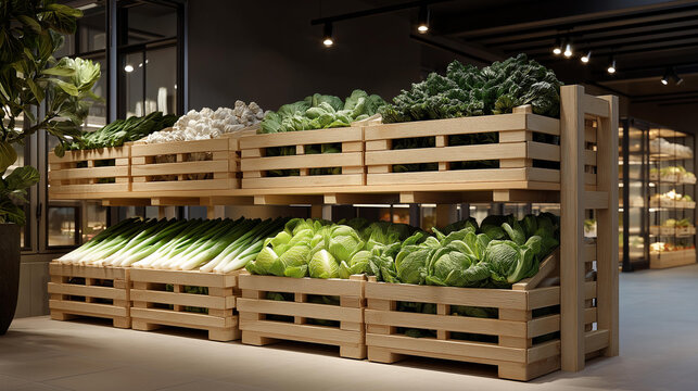 Library reading nook with Dutch librarian curating wooden crates of endive and leeks for a food literature exhibit literary organic harvest bookish vegetable display sustainable