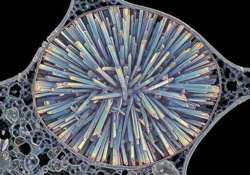 Hyper-realistic microscopic view of raphide bundles inside idioblasts, crystalline needles densely packed and preserved in cellular clarity