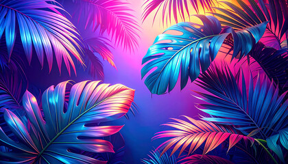 Vibrant tropical foliage with neon glow tropical leaves monstera