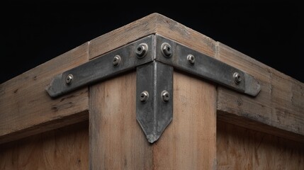Fototapeta premium Detailed Close-Up of Wooden Corner Joint with Metal Bracket and Screws Against Black Background for Craftsmanship and Architectural Design Inspiration