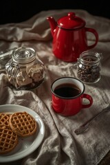 Red enamel coffee set with waffles and coffee beans in glass jars on linen tablecloth