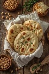 Homemade herb naan bread in wicker basket with chickpeas and hummus on rustic table