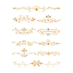 Collection of hand drawn golden text dividers. Calligraphic lines, vintage gold borders and wedding card breaks. Vector isolated flourish ink elements.