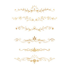 Collection of hand drawn golden text dividers. Calligraphic lines, vintage gold borders and wedding card breaks. Vector isolated flourish ink elements.
