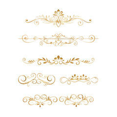 Collection of hand drawn golden text dividers. Calligraphic lines, vintage gold borders and wedding card breaks. Vector isolated flourish ink elements.