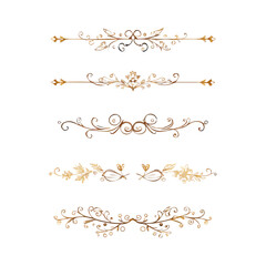 Collection of hand drawn golden text dividers. Calligraphic lines, vintage gold borders and wedding card breaks. Vector isolated flourish ink elements.
