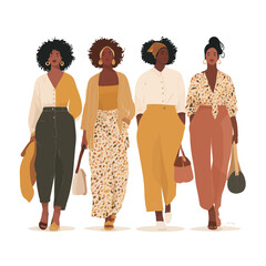 Fototapeta premium Four stylish women walk confidently, wearing coordinated outfits in various shades of yellow and neutral tones. They express individuality through unique accessories and poses.