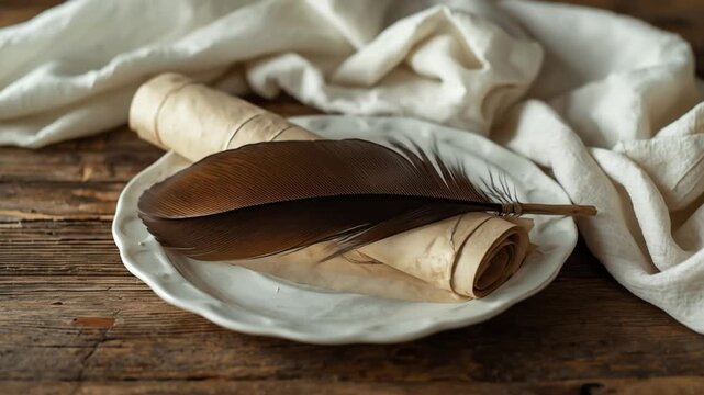 Vintage scrolls and a brown feather on a rustic wooden table with soft fabric in the background