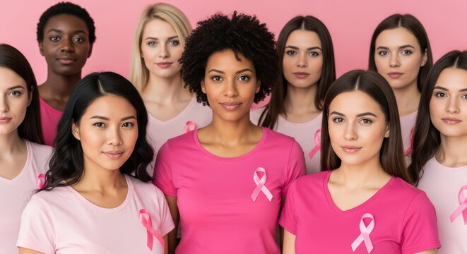Diverse women in pink t-shirts with pink ribbons on their chests posing against a light pink background. World Breast Cancer Awareness Month October conceptual poster