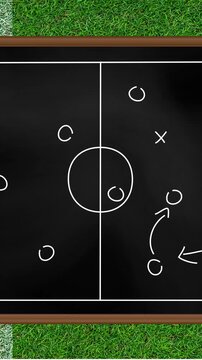Animation of basketball game plan drawn on board over green sports field