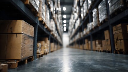 Rows of cardboard boxes stacked on shelves in a vast brightly lit warehouse aisle