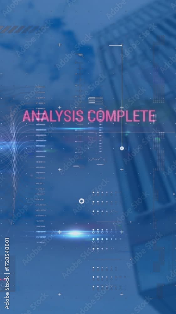 Poster animation of interface with data processing and light spot against low angle view of tall building