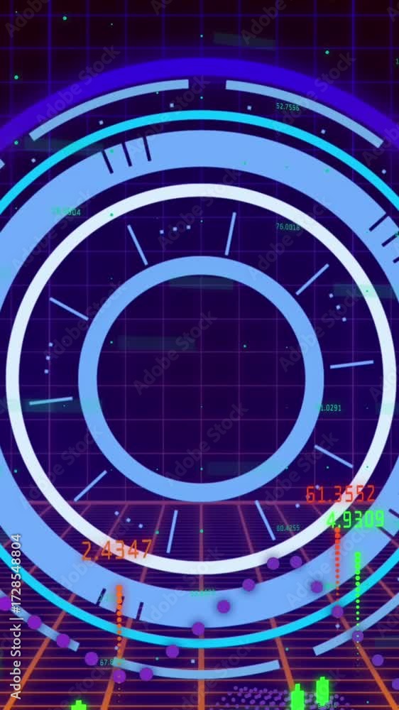Aufkleber animation of multiple graphs over circles and grid pattern against black background