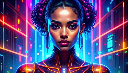 Digital portrait of a young woman with glowing cybernetic augmentations, neon city lights behind her