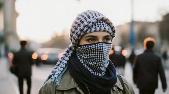 Woman wearing a patterned headscarf and face covering stands on a city street at dusk