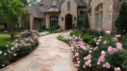 Obraz premium Beautiful stone pathway leading to a luxurious house surrounded by pink and white roses in a well-maintained garden showcasing elegant landscaping features