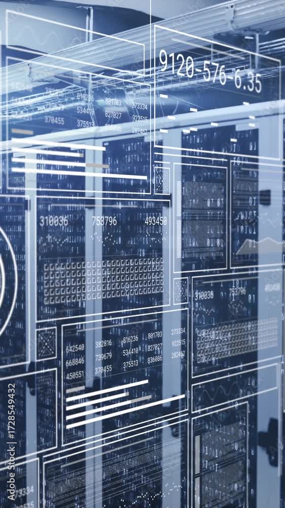 Poster animation of hud interface screens with graphs, shapes and numbers over data server racks