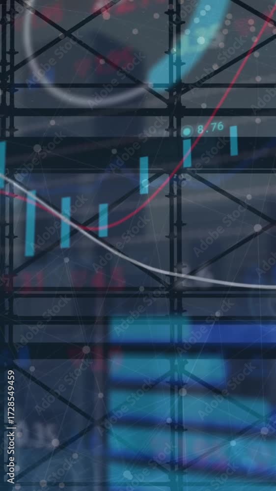 Poster animation of multiple graphs and trading board over modern buildings through window