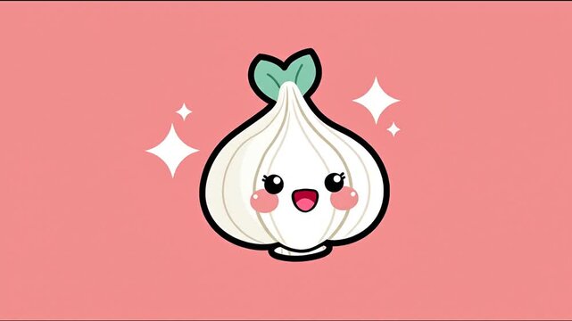 Cute cartoon garlic illustration on a light pink background.  A stylized, kawaii-style garlic bulb with large eyes, a cheerful expression, and blush is featured.