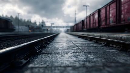 Naklejka premium A wet train station platform with freight trains on cloudy daylight showing railway tracks in sharp focus