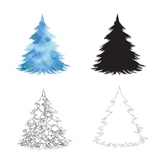 Blue Christmas tree watercolor silhouette outline hand drawn