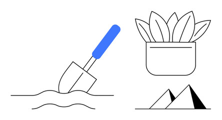 Shovel digging soil, potted plant with leaves, stylized pyramids and lines. Ideal for gardening, sustainability, outdoor activities, minimalism, growth, landscaping clean visual concepts simple