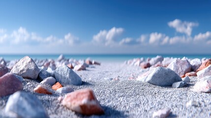 Granular Sand Pile Cinematic HDR Macro Photography of White and Pink Pebbles Under Blue Sky and White Clouds