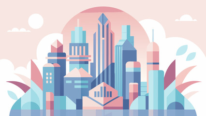Fototapeta premium Futuristic city skyline with modern skyscrapers in pastel colors and abstract shapes