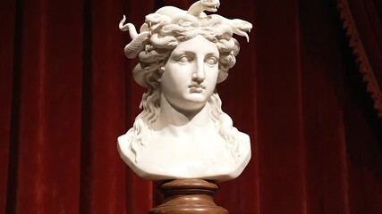 Captivating Medusa marble sculpture bust with serpentine hair, evoking ancient mythology and artistic mastery, perfect for historical or fantasy themes. - Powered by Adobe