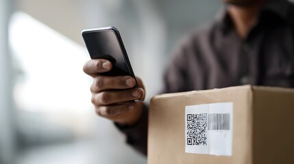 Hand holding a smartphone scanning a QR code on a shipping package illustrating modern logistics and delivery processes