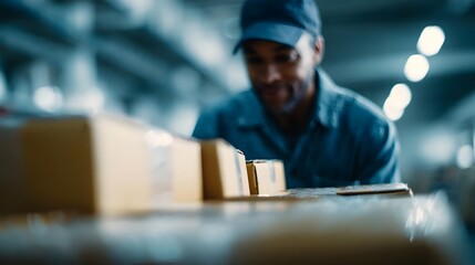 A warehouse worker arranges cardboard boxes on a shelf emphasizing logistics and supply chain ope ns