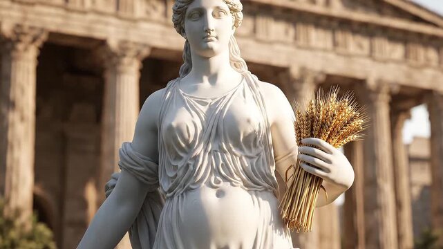 Ancient Greek goddess of harvest and agriculture holding golden wheat stalks against a temple backdrop, representing abundance and fertility