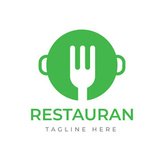 Simple and engaging green logo template featuring a clever integrated fork and cooking pan design, perfect for diverse restaurant, culinary, and eatery brands
