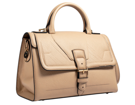 Top-Down Flat Lay of Designer Handbag with Buckle Detail, Isolated on Transparent Background