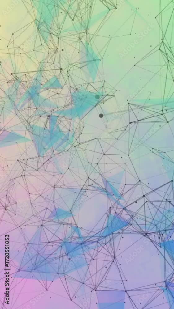 Poster animation of network of connections over colourful shapes moving