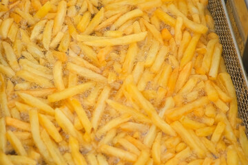 Crispy french fries cooking frying to golden perfection in a deep fryer on street. Preparing street fast food in park