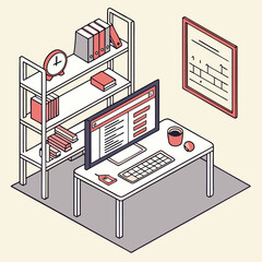 Isometric office setup with computer, bookshelf, and wall frame illustration