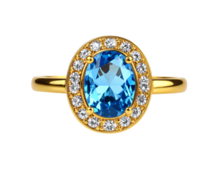 Gold Ring with Large Blue Gemstone and Accent Diamonds, Front View, isolated on transparent background.