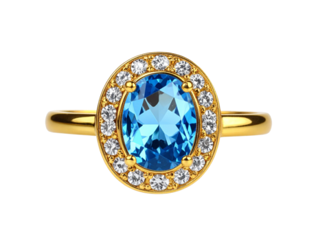 Gold Ring with Large Blue Gemstone and Accent Diamonds, Front View, isolated on transparent background.