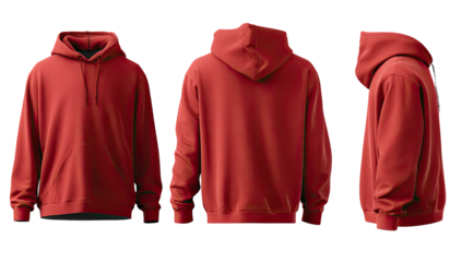 Three-view rendering of a red hoodie