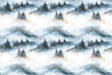 Misty Forest Panorama: Capturing a serene expanse of a forest enveloped in a soft, ethereal mist, where the towering trees stand silent sentinel against a tranquil backdrop. 