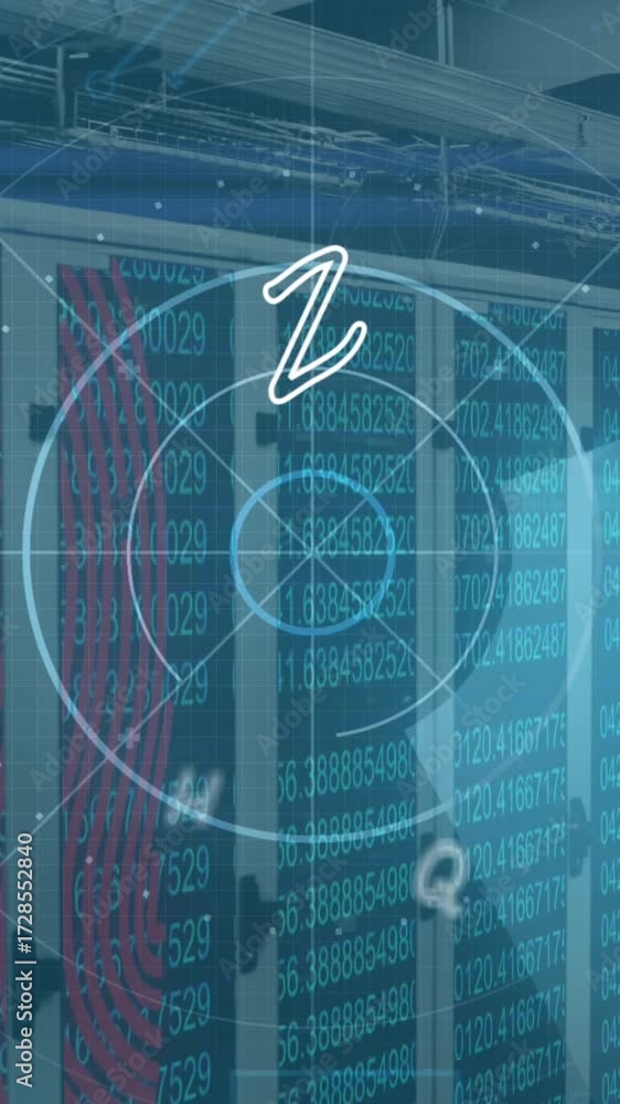 Poster animation of fingerprint and scanner data processing over computer server room