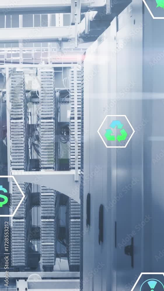 Poster animation of icon in circles over moving bars on data server systems in server room