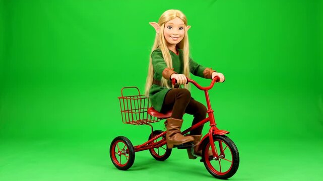 Elf Riding a Toy Tricycle on Green Screen - A doll dressed as an elf is riding a red toy tricycle against a bright green chroma key background.