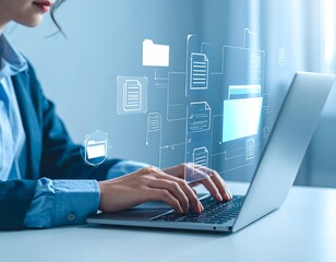 Woman working on a laptop with document icons overlay