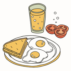 Breakfast with eggs, toast, tomato and orange juice