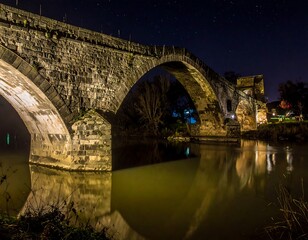 Ancient stone arch bridge at night