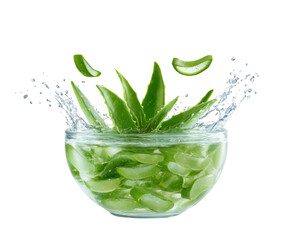 Fresh aloe vera in a bowl with water splash