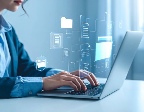 Woman working on a laptop with document icons overlay